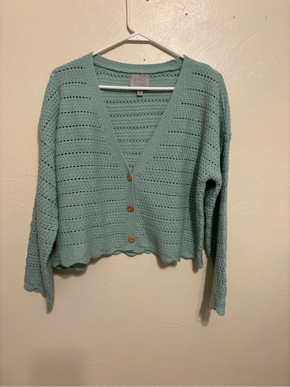 Gypsy Cloud Mint Green Crochet Knit Cropped Cardigan XL Boho